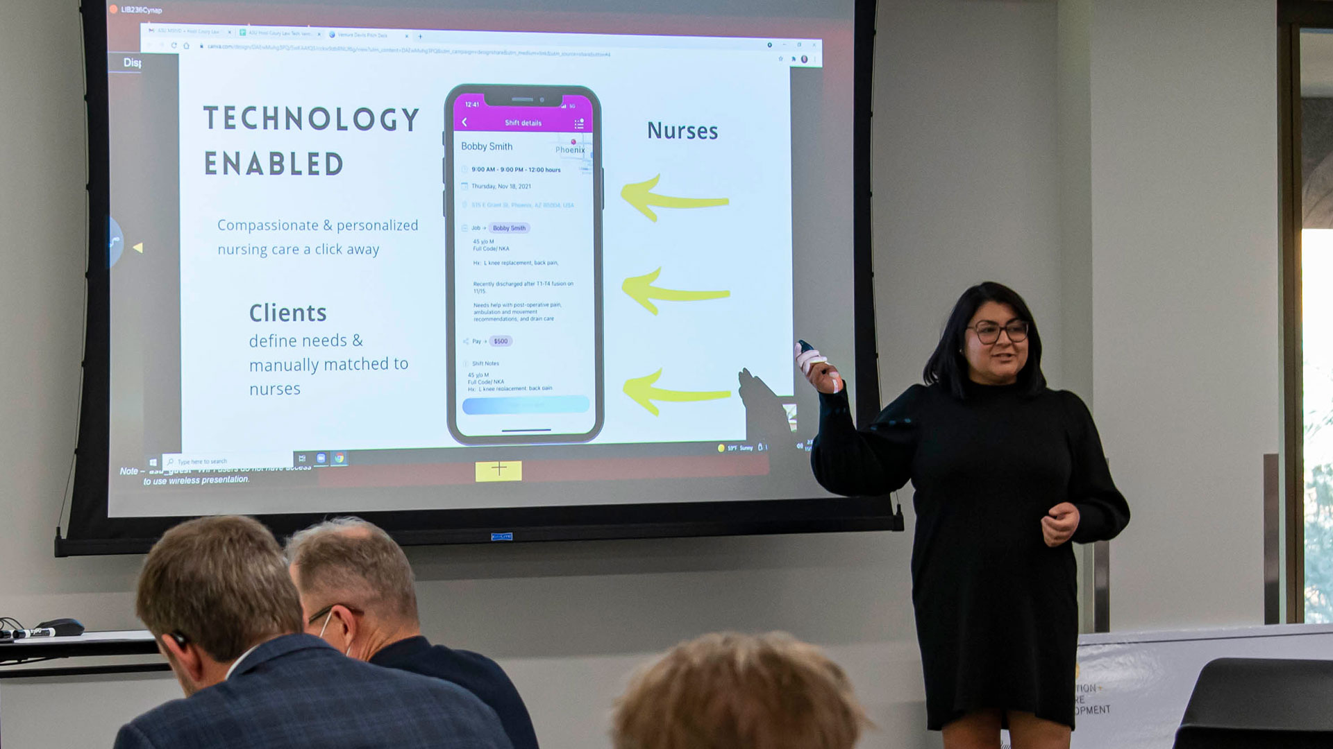 Nursing and healthcare innovation graduate student Jasmine Bhatti pitches her startup, Navi Nurses.