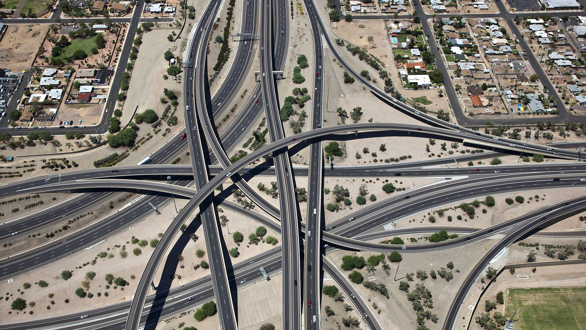 Overhead view of a freeway interchange