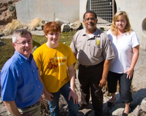 EPICS_Photo_Cropped A team of Arizona State University engineering students in the EPICS GOLD program are helping the city of Phoenix develop an environmental management strategy to keep trash out the Rio Salado Habitat Restoration Area. Pictured at the site are the team leader, chemical engineering major Jared Schoepf (second from left), EPICs director Richard Filley (far left), head park ranger at the Rio Salado Habitat, Winston Lyons, and habitat supervisor Chris Parks (far right). (Photo: Blaine Coury/ASU)