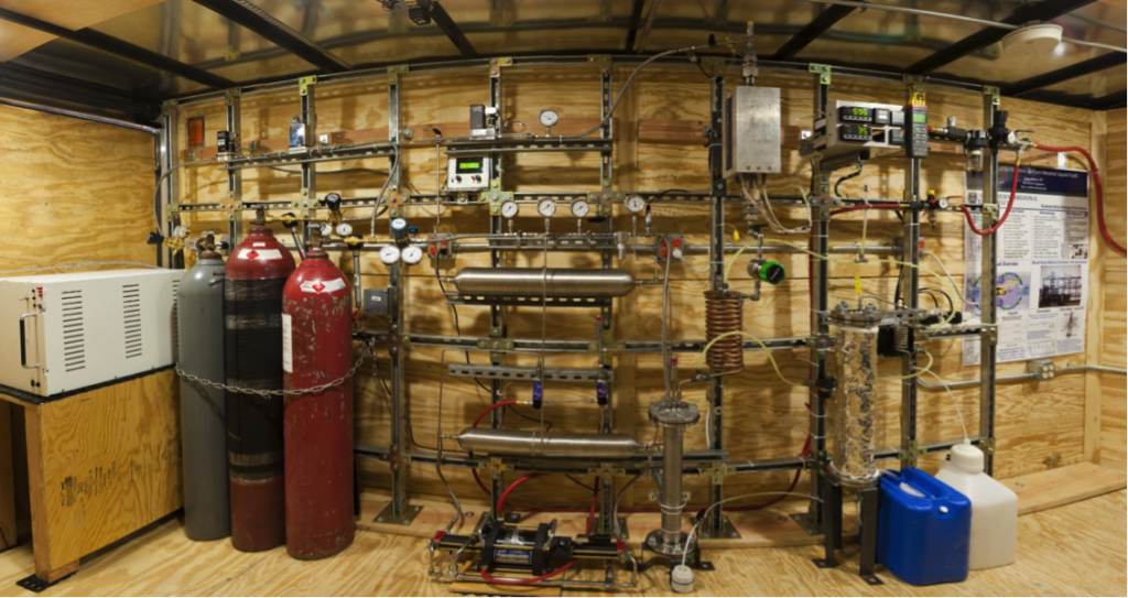 In this mobile methanol synthesis trailer, Senior Engineer Steve Atkins, produces hydrogen and mixes it with carbon dioxide, part of the process of creating a carbon-neutral liquid fuel. Photo courtesy of Steve Atkins. 