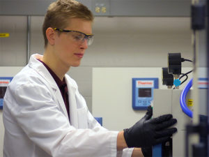 Christopher Balzer, the first ASU student to receive the prestigious Churchill Scholarship, works in chemical engineering Assistant Professor Bin Mu's lab on the Tempe campus. Balzer credits his research experience with Mu as a contributing factor to receiving the scholarship. 