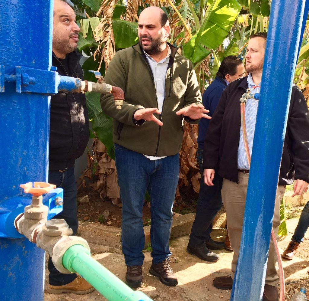 Local utility experts discuss the water quality details with ASU professor Rhett Larson for a well under consideration in Qubbe, Lebanon. This site is being considered as the first for implementation and would provide purified water to people in Bab El Tebbeneh, one of the poorest communities in Lebanon. Photo courtesy of Ashley St. Thomas/ASU Walton Sustainability Solutions Initiatives