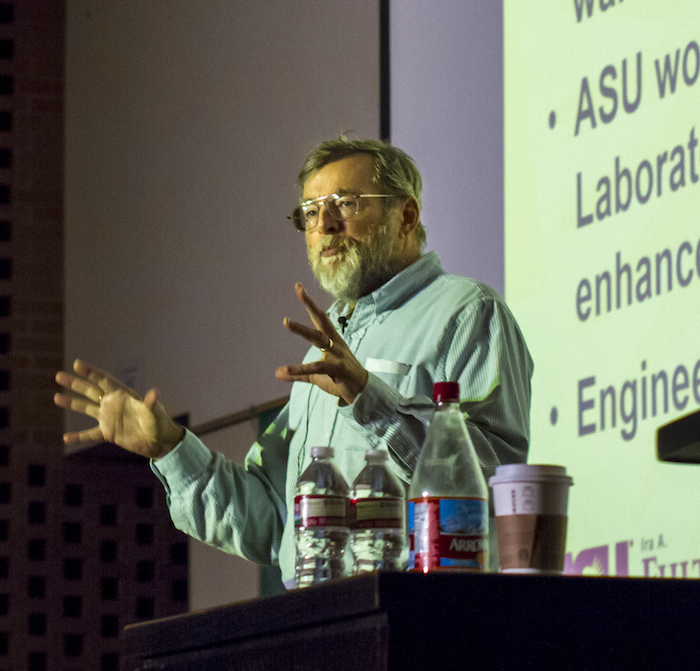 Photo of Brad Allenby speaking with a caption of "Weaponized Narrative Initiative co-director Brad Allenby says the constant spread of misinformation can be corrosive to society. Photographer: Jessica Hochreiter/ASU"