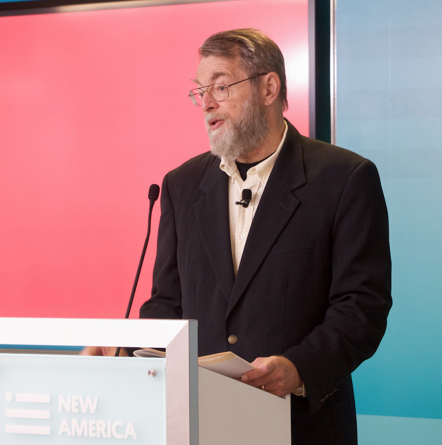 Photo of Brad Allenby speaking behind a lectern. Caption: Professor Brad Allenby is a co-chair of ASU’s new Moral Injury Initiative. He joined colleagues in presenting the project’s goals at a recent conference that brought together researchers, military officials and public policy think tank leaders in Washington, D.C. Photograph courtesy of New America.