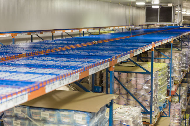 racks of food in a storage freezer