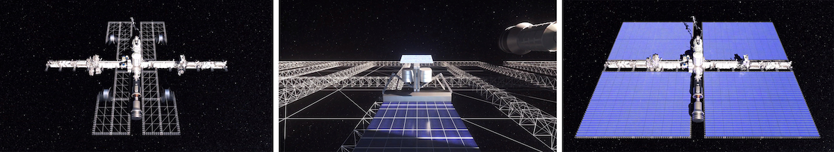Three photos of solar panels in space