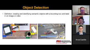 Four people attend a Zoom call and discuss object detection.