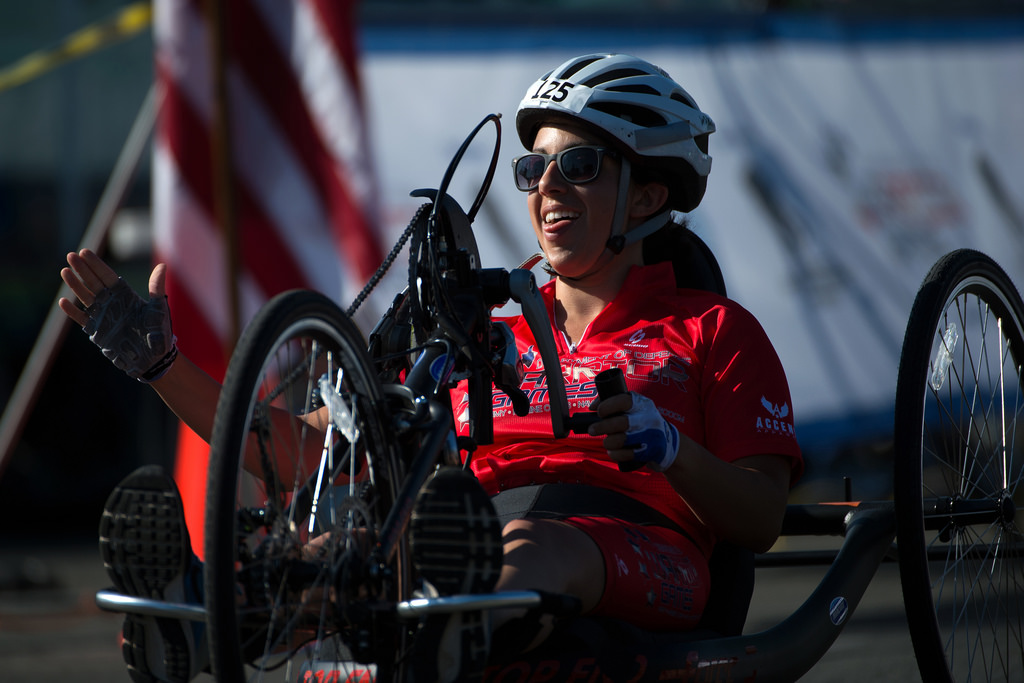 Nicole Haikalis rides a hand cycle in the 2016 Warrior Games.