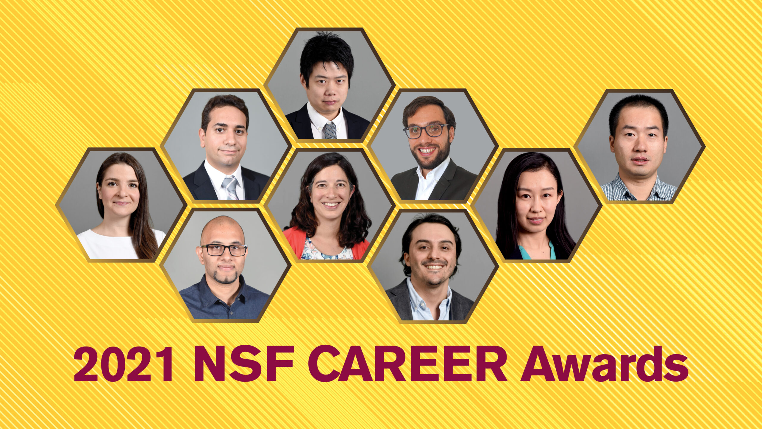 graphic with nine photos of faculty members and 2021 NSF CAREER Awards