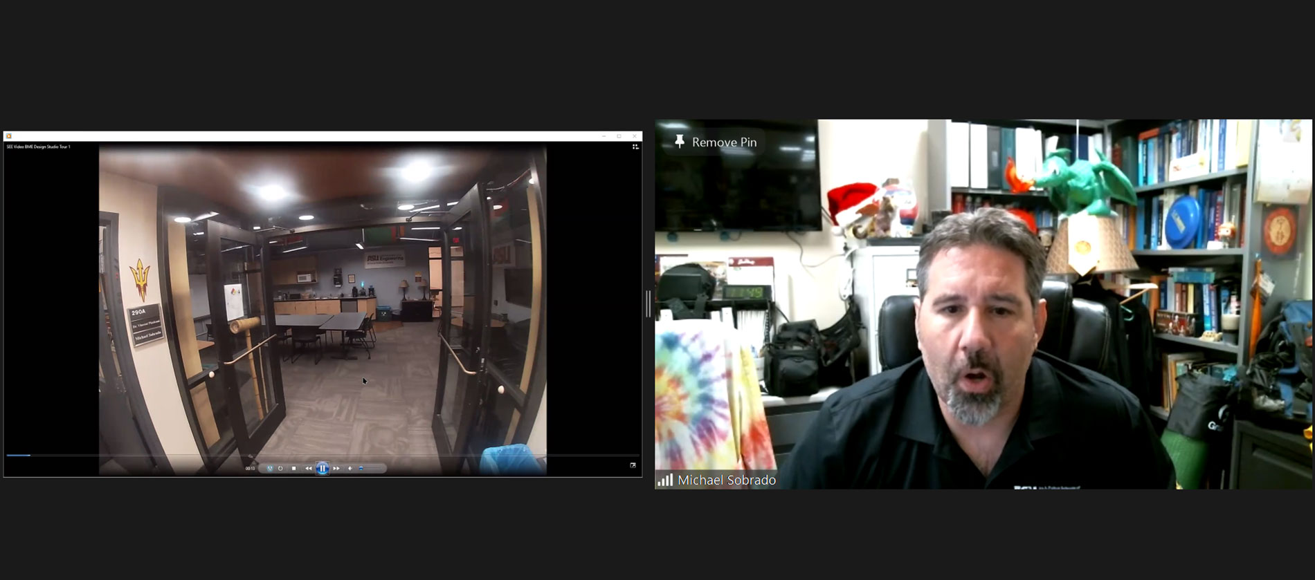 A Zoom screenshot that depicts a video touring the Biomedical Engineering Design Studio and Laboratory Manager Michael Sobrado narrating the tour.