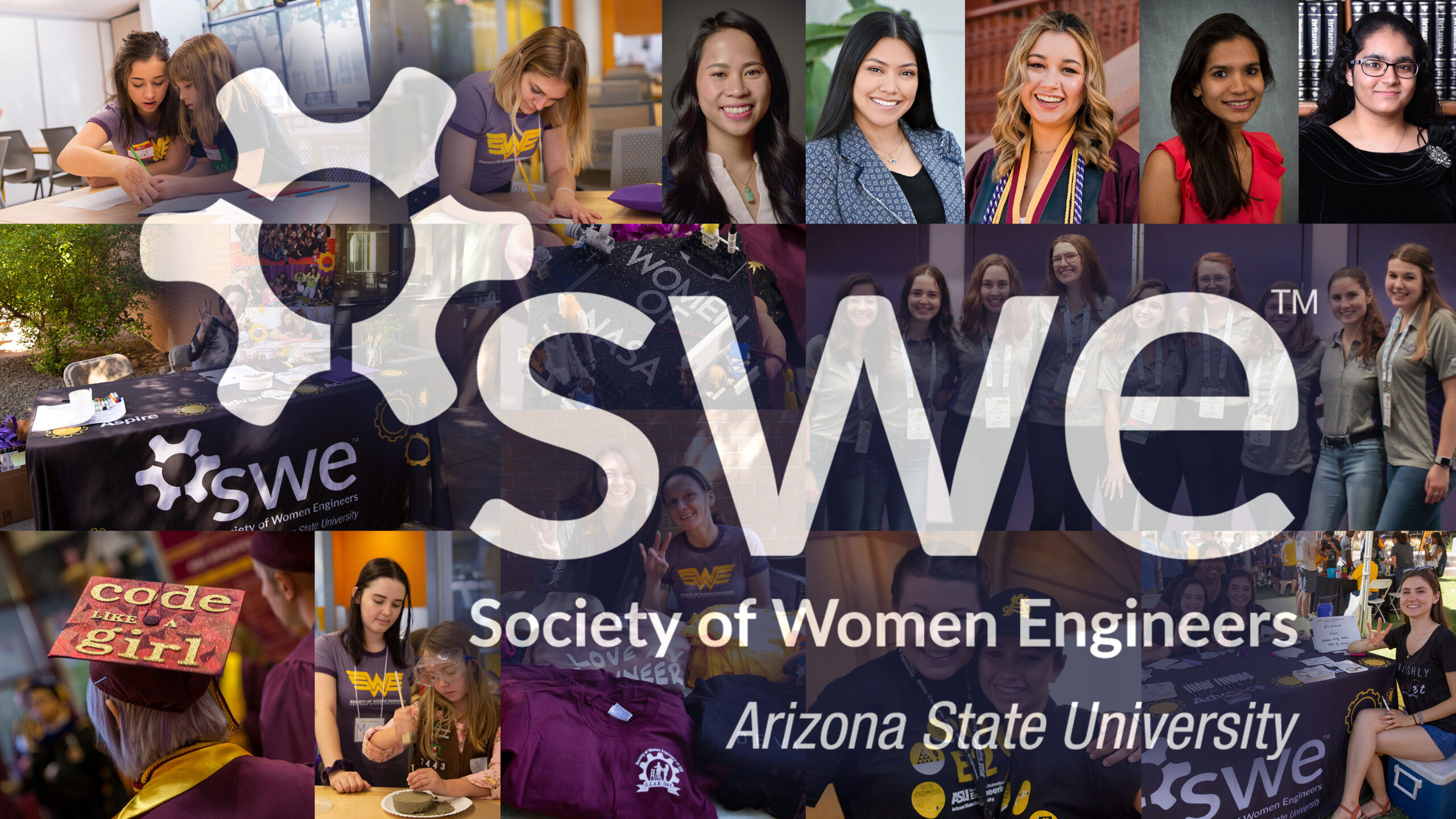 SWE-Scholarships-2021-v2-withSWE A graphic depicting students and activities from the Arizona State University section of the Society of Women Engineers.