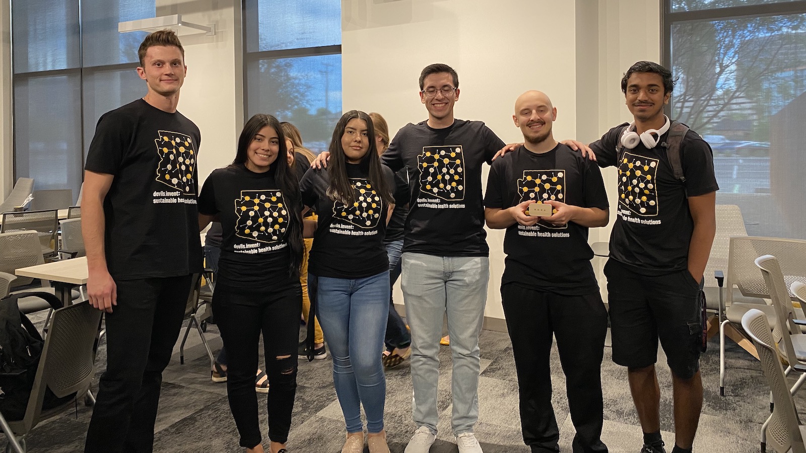 Six students standing in a row during Devils Invent: Sustainable Health Solutions