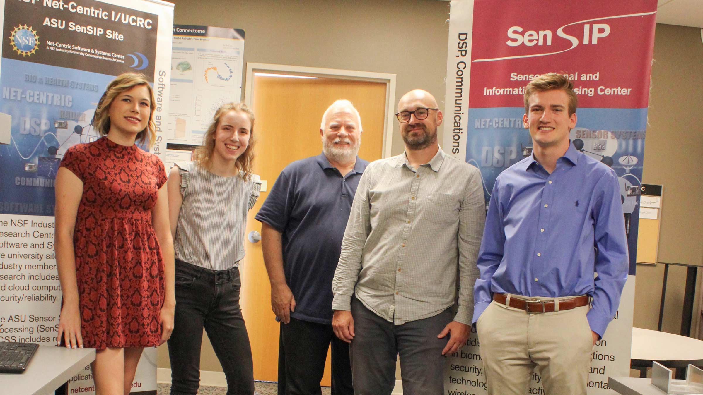 Ashley Fauss (RET), Lauren Everett (REU), Andreas Spanias, Filippo Posta (RET), Michael Esposito (REU) posing together at Sensor Signal and Information Processing Center