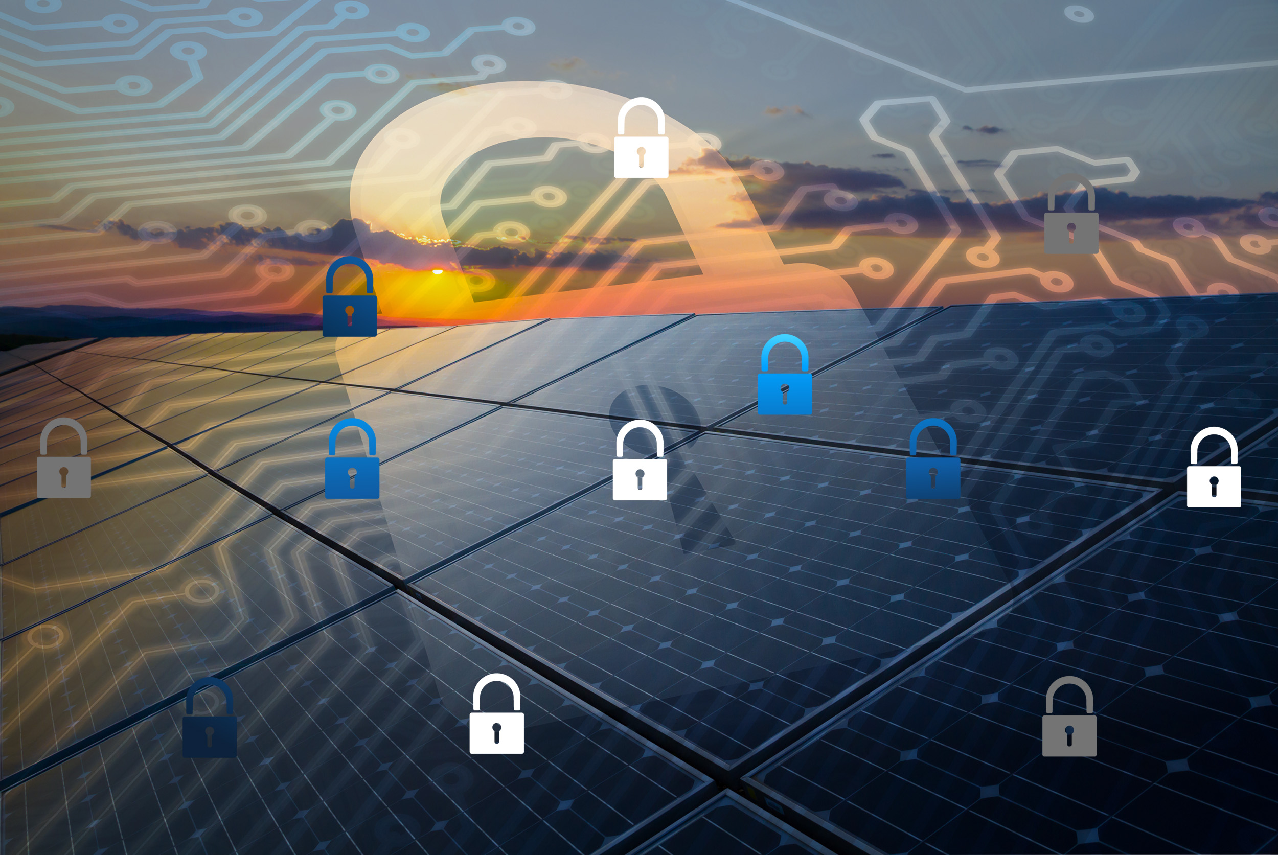 A graphic of locks superimposed on top of solar panels and computer chip designs