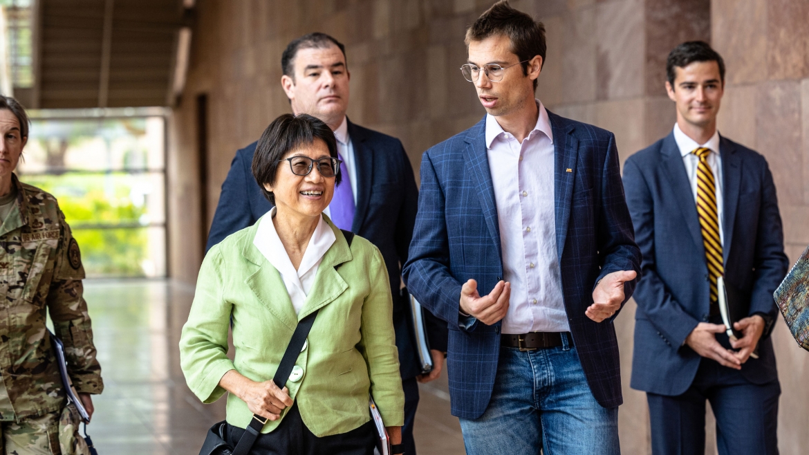 Under Secretary of Defense for Research and Engineering Heidi Shyu meets Associate Professor Zachary Holman to begin a tour of MacroTechology Works in the ASU Research Park