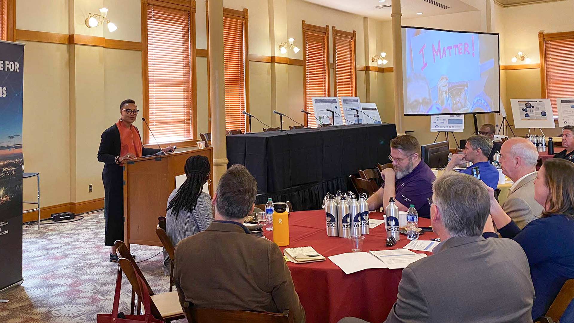 IMG_5020-w Shalanda H. Baker, director of the U.S. Department of Energy’s Office of Economic Impact and Diversity, addresses the attendees of the Arizona Student Energy Conference held at Arizona State University.