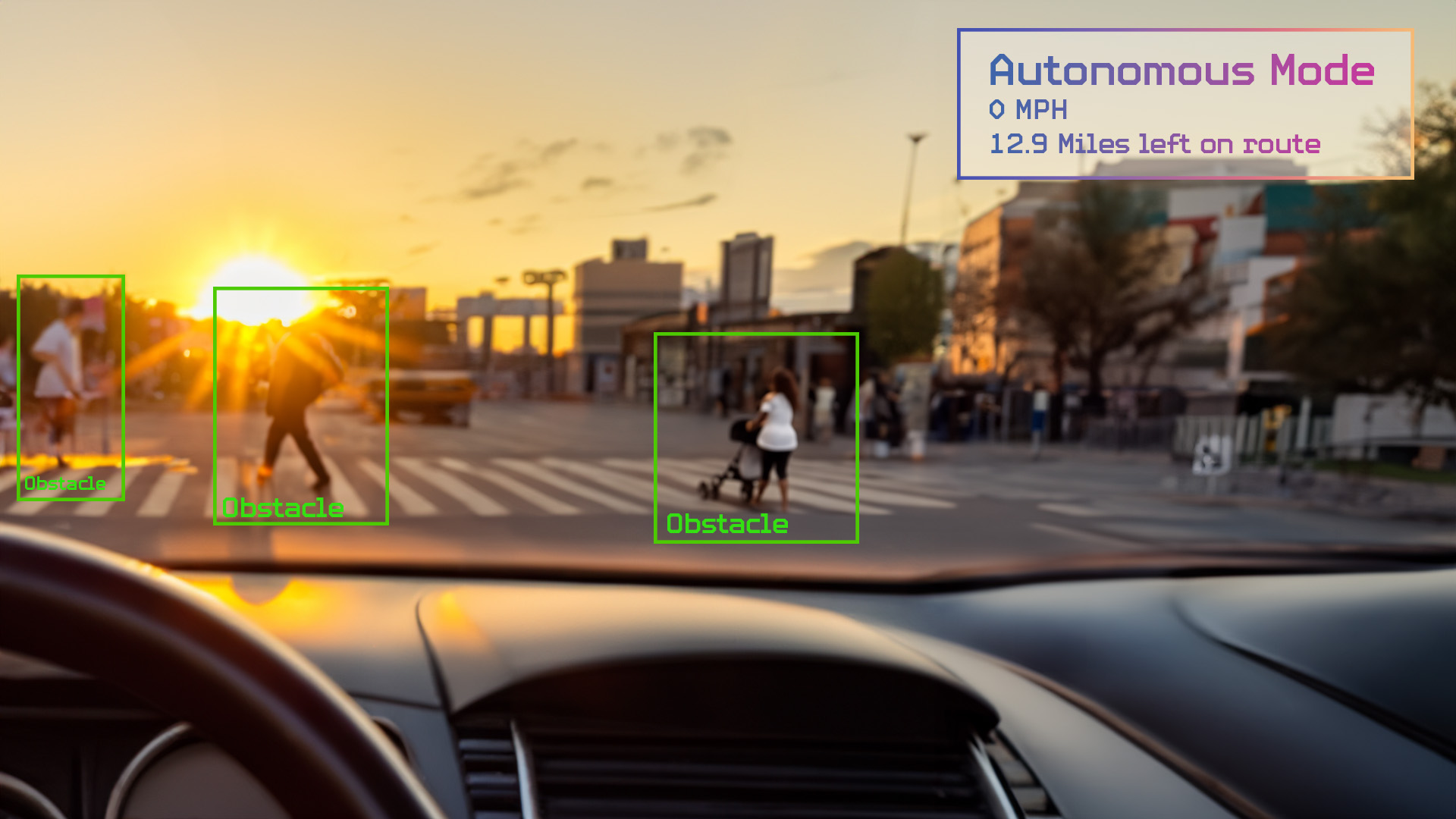 graphic looking out a car windshield showing pedestrians in a crosswalk indicated as "obstacles"