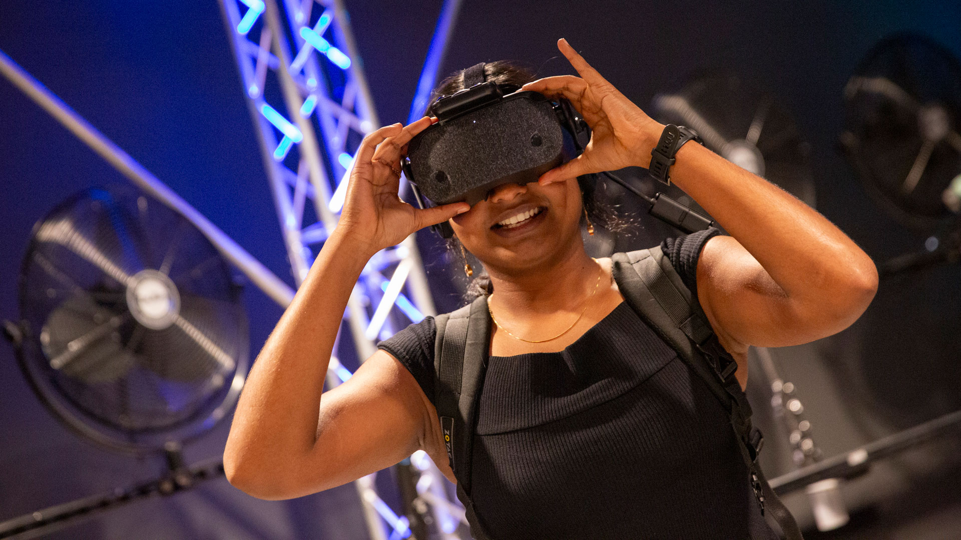 Computer science major Neha Balamurugan works in the Dreamscape Learn facilities on a FURI project to use virtual reality for better data visualization.