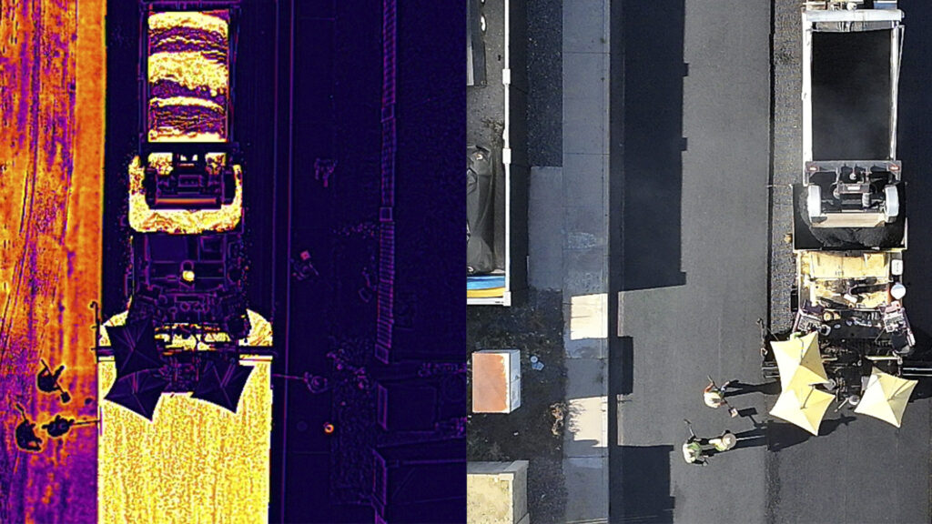 Left: Thermal image of the construction crew during the paving process. Right: RGB image of the construction crew during the paving process.