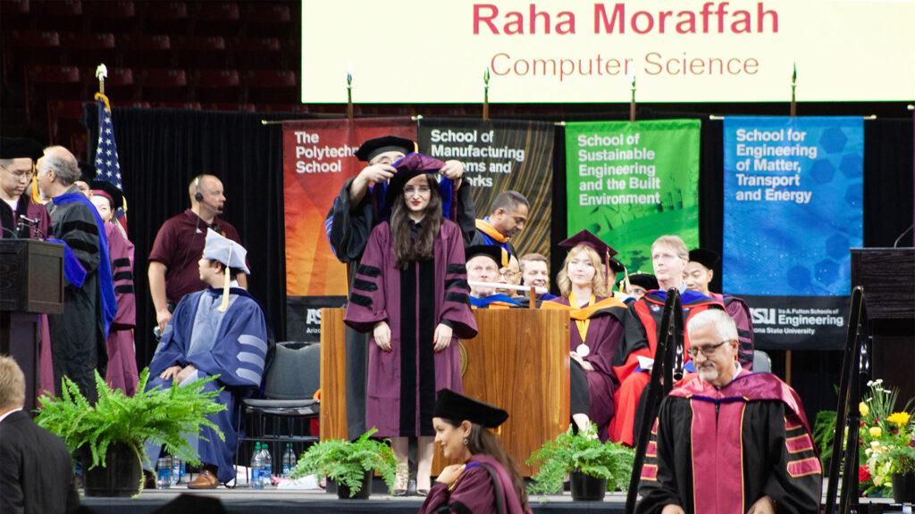 Moraffah is hooded by her faculty mentor, Regents Professor Huan Liu