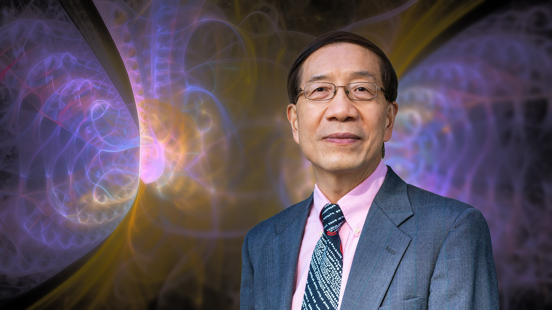 Ying Cheng-Lai-fractals-1920×1080 A portrait of ASU Regents Professor Ying-Cheng Lai superimposed on a fractal pattern representing dynamic machine learning strategies.