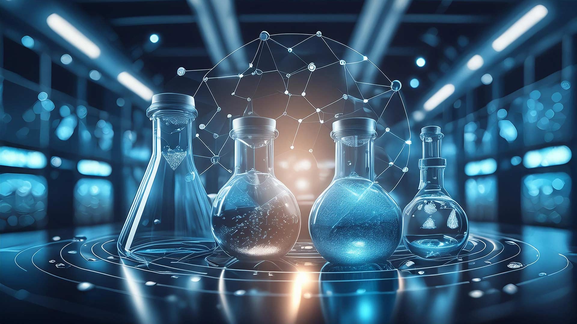 Firefly-Polymers,-solvents,-reactants,-catalysts-in-an-abstract-form.-Show-a-learning-process-and-pr AI-generated image of scientific containers holding materials